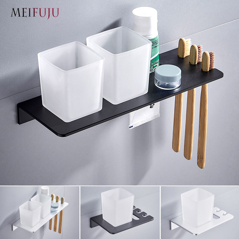 Silver Double toothbrush holder with Tooth Holder Aluminum Black Tumbler & cup holder wall mounted bath product Toothpaste Rack