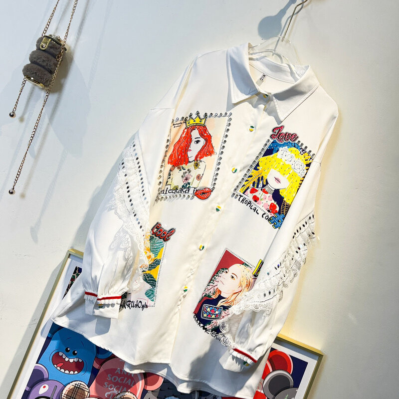 Ihobbyt – chemise ample avec col rabattu et dentelle pour femmes, vêtement de printemps décontracté avec imprimé de personnages, Patchwork