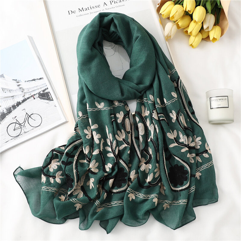 Lenço de inverno para mulheres bordado algodão hijab xales senhora envoltórios pashmina cachecóis impressão floral feminino foulard bandana 2021