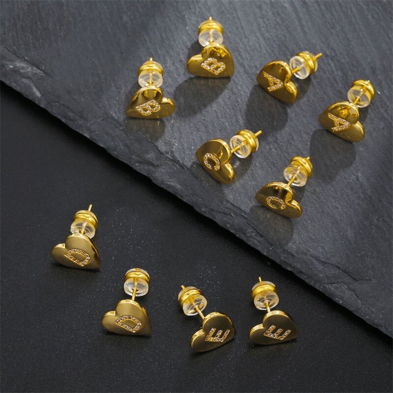Fashion Gold A-Z Letter Heart Initial Earrings for Girls Women CZ 26 Initial Alphabet Stud 925 Silver Needle Earring Jewelry