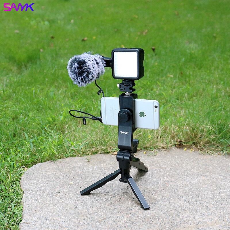 Sanyk Cellphone Handheld Stabilisator Met Gopro Action Camera Adapter Vlogging Kit Met Microfoon Licht Invullen Voor Vlog Foto