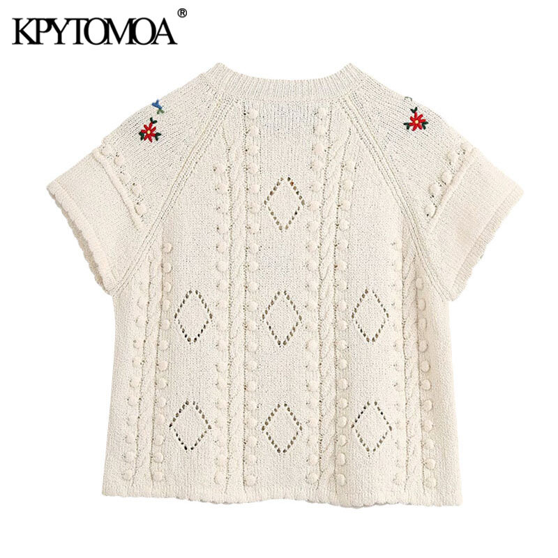 KPYTOMOA 여성 2020 패션 꽃 자수 자른 니트 스웨터 빈티지 오 넥 반팔 여성 풀오버 세련된상의
