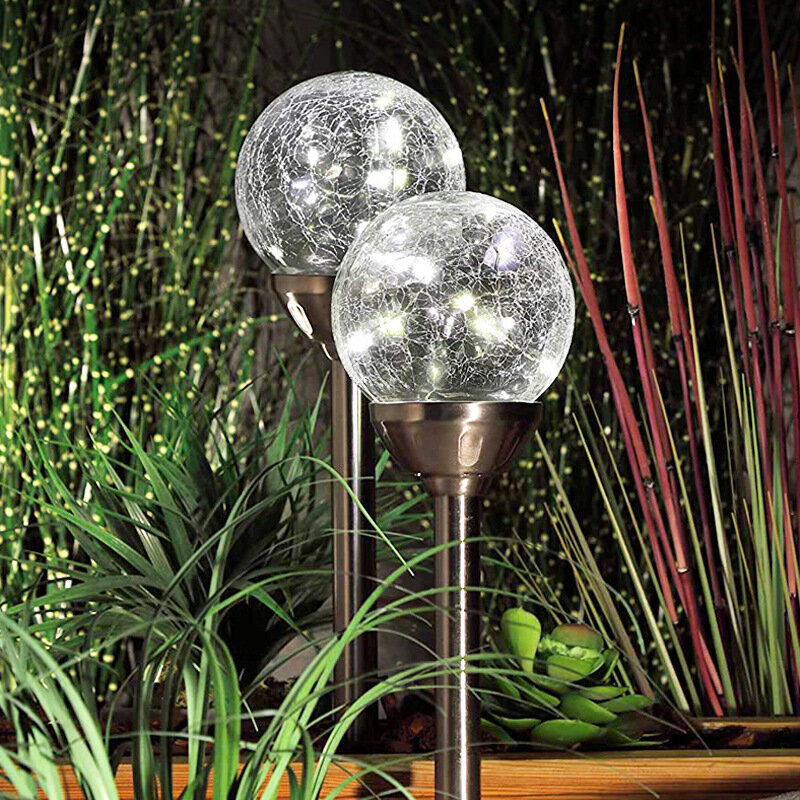 Lampe solaire LED en acier inoxydable avec boule de verre craquelée, éclairage d'extérieur, lumière de paysage de pelouse, lumière branchée au sol, personnalisation