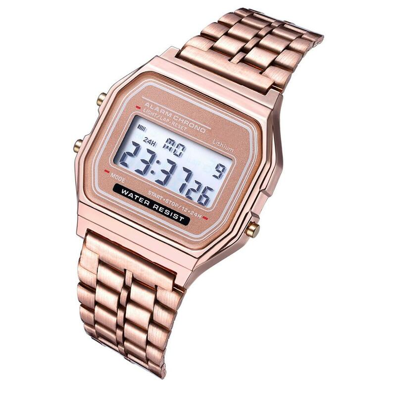 女性用デジタル腕時計,超薄型スチール,電子腕時計,発光,ピンクゴールド,女性用