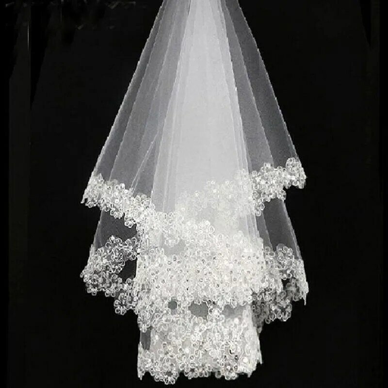 Nova chegada branco 1.5m laço apliques borda casamento nupcial véus noiva véus acessório de casamento