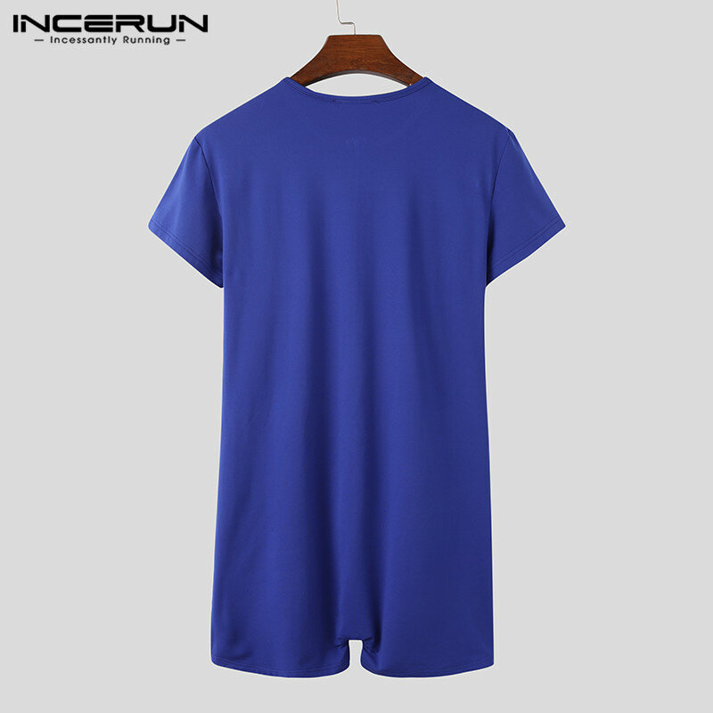 INCERUN-body suave con cremallera para hombre, ropa de dormir de Color sólido, mono de manga corta con cuello redondo, pijama