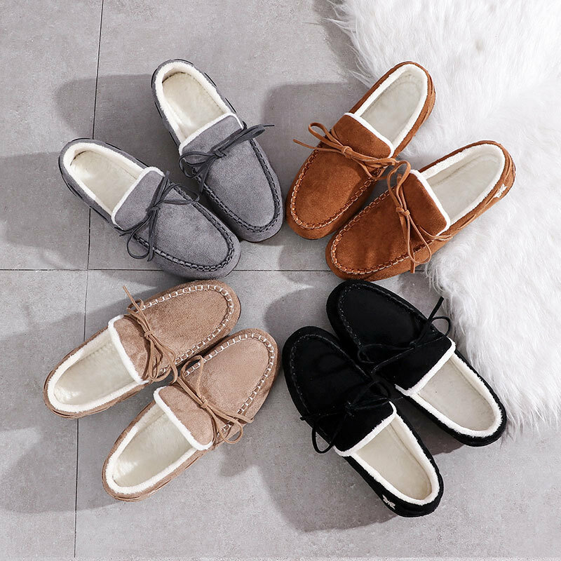 2020 Winter New Women Plus Velvet All-match Flat-bottomed Plush Shoes Home Casual Peas Shoes Butterfly Embroidery 4 Color 35-40