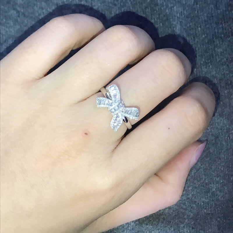 S925 srebro kolor Bowknot Bow Knot Bling cyrkon kamienne pierścienie dla kobiet moda ślubna biżuteria zaręczynowa 2019 nowy