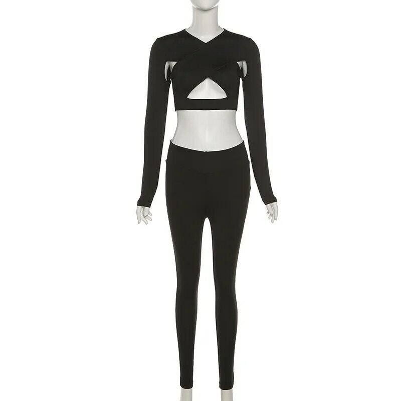 Sólido conjuntos de duas peças feminino magro criss-cruz decote superior + estiramento pant combinando roupas ativo sexy streetwear cub roupas y2e