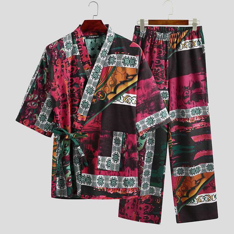 Männer Halbe Hülse V-ausschnitt Gedruckt Spitze Up Tops Baumwolle Hosen Nachtwäsche Nachtwäsche Kimono Yukata Anzüge Männer Pyjamas Sets INCERUN 5XL 7