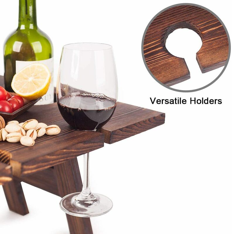 Mesa de piquenique dobrável de madeira 2 em 1, com suporte para taça de vinho, mesa portátil para piquenique ao ar livre, acampamento, viagem, festa de casamento
