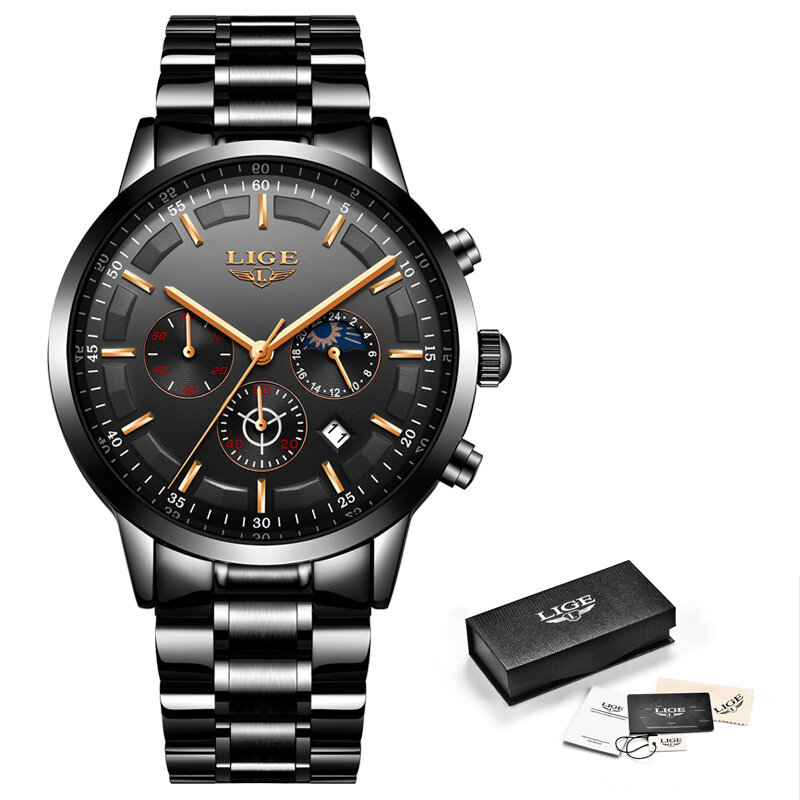 LIGE – montre-bracelet en acier pour hommes, chronographe étanche, à Quartz analogique, de luxe, pour le travail, la Date