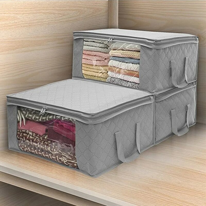 3Pcs Non-Woven Family Save Space Foldable Clothes Organizer Home Storage Box Quilt Storage Bag Quilt Bag Holder Organizer Gray