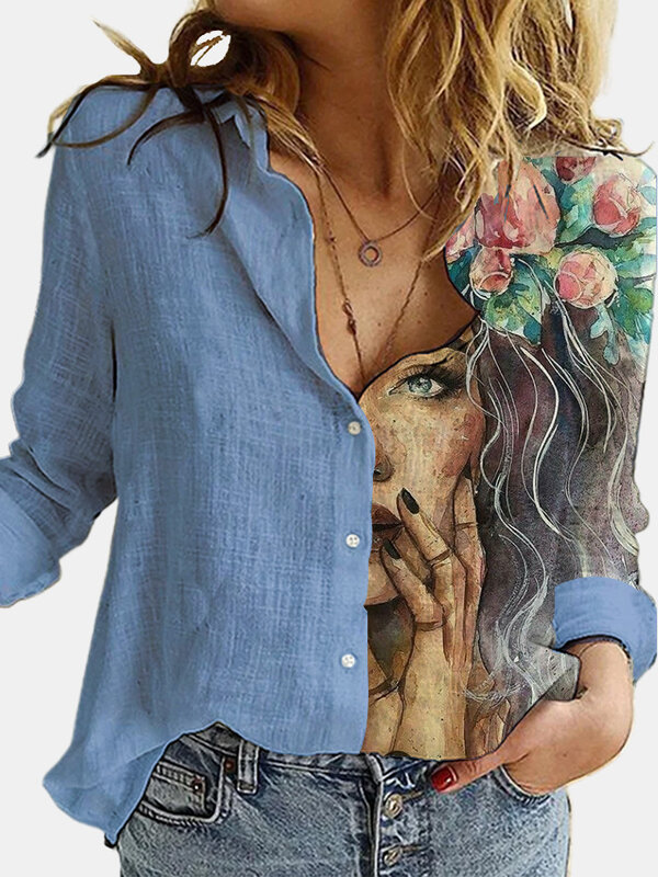 Mode Retro Porträt Floral Print Frauen Shirt Herbst Stitching-Taste Lange Hülse Baumwolle Leinen Blusen Casual Street Lady Top