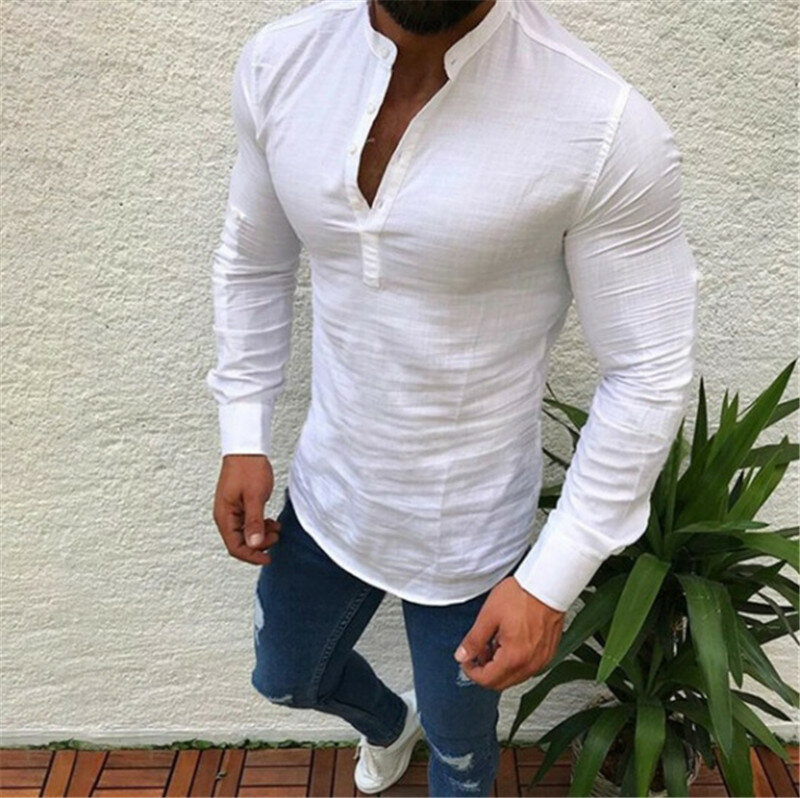 Chemise en lin à manches longues pour homme, vêtement de base décontracté, haut, Slim, solide, Business, 2021