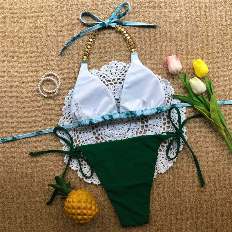 Mossha Diamond halter bandage bikini mujer Triangle push up swimsuit women Tie-dye blue swimwear women Backless bathing suit new