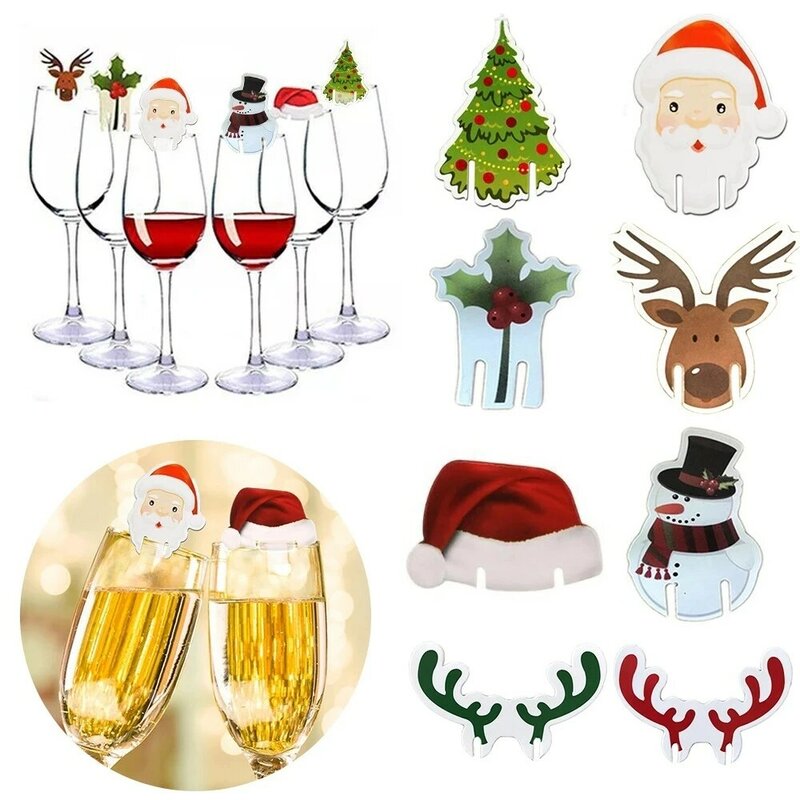 10Pcs ถ้วยคริสต์มาสคริสต์มาสตกแต่ง Santa หมวกแก้วไวน์ตกแต่ง Merry Christmas Ornament สำหรับอุปกรณ์งานเลี้ยงปีให...