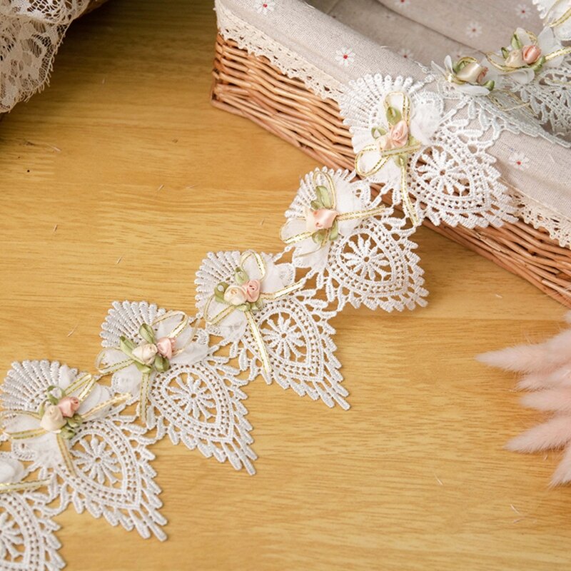 White Bead/Fluff Rose Flowers Embroidered Lace Trim Ribbon Sewing Crafts L41B