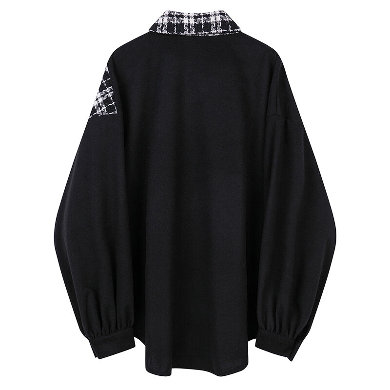 [EAM] Женская клетчатая блузка большого размера, черная блузка с отворотом, длинный рукав, свободная рубашка, модная, весна-осень 2021, 1DD4262