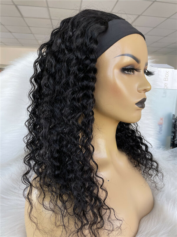 QueenKing Hair Water Wave Headband Wig Human Hair 14"-30" Human Hair Scarf Wig No Gel No Glue  Hair Wig with Headband
