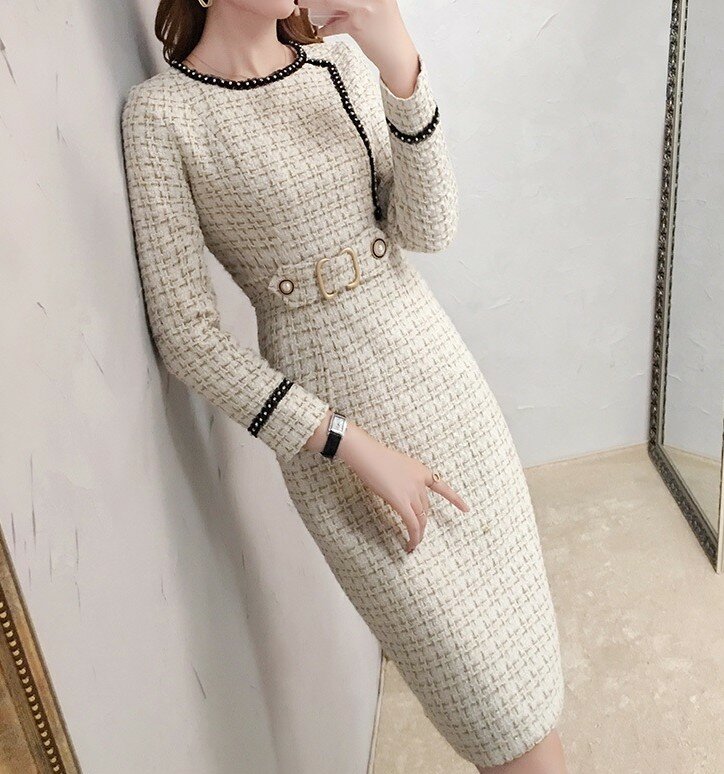Vestido de manga larga de Tweed para mujer, vestido elegante de oficina Vintage informal, Otoño, 2021