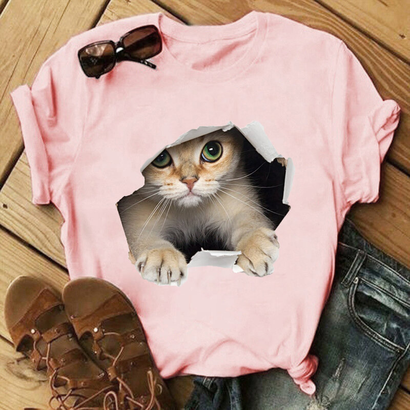Camisetas de manga corta con dibujos animados de gato para mujer, ropa divertida de verano, camisetas, camisetas creativas