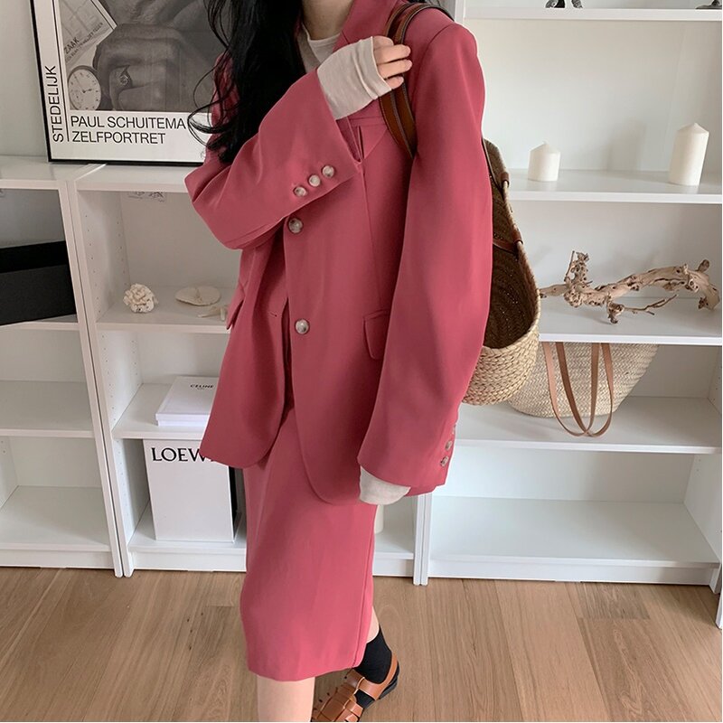 Women Casual 2 Piece Blazer Skirt Set Notched Long Sleeve Office Lady Outfits Suit Female