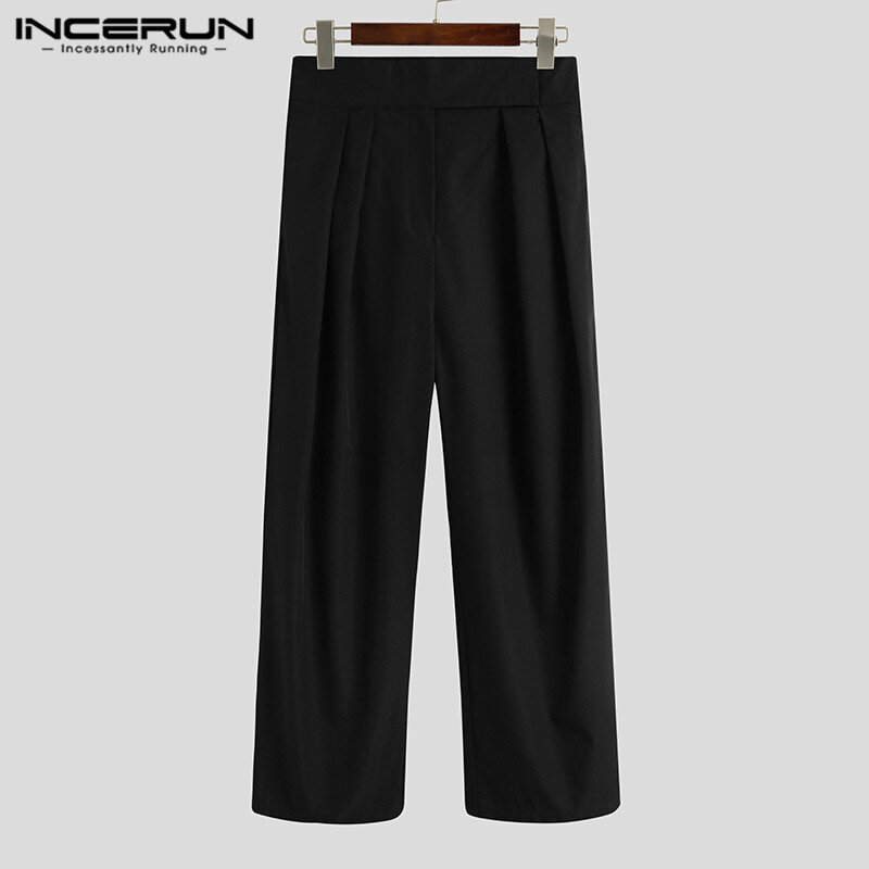 INCERUN-Pantalones rectos de cintura alta para hombre, pantalón informal, holgado, con cremallera, estilo coreano, S-5XL