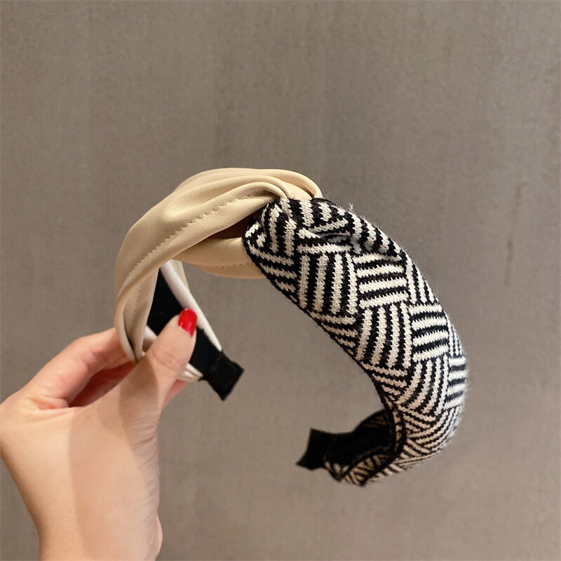 Koreanische Patchwork PU Stricken Stirnbänder für Frauen Breite Seite Kreuz Haar Hoop Lünette Haarband Mode Dame Winter Haar Zubehör
