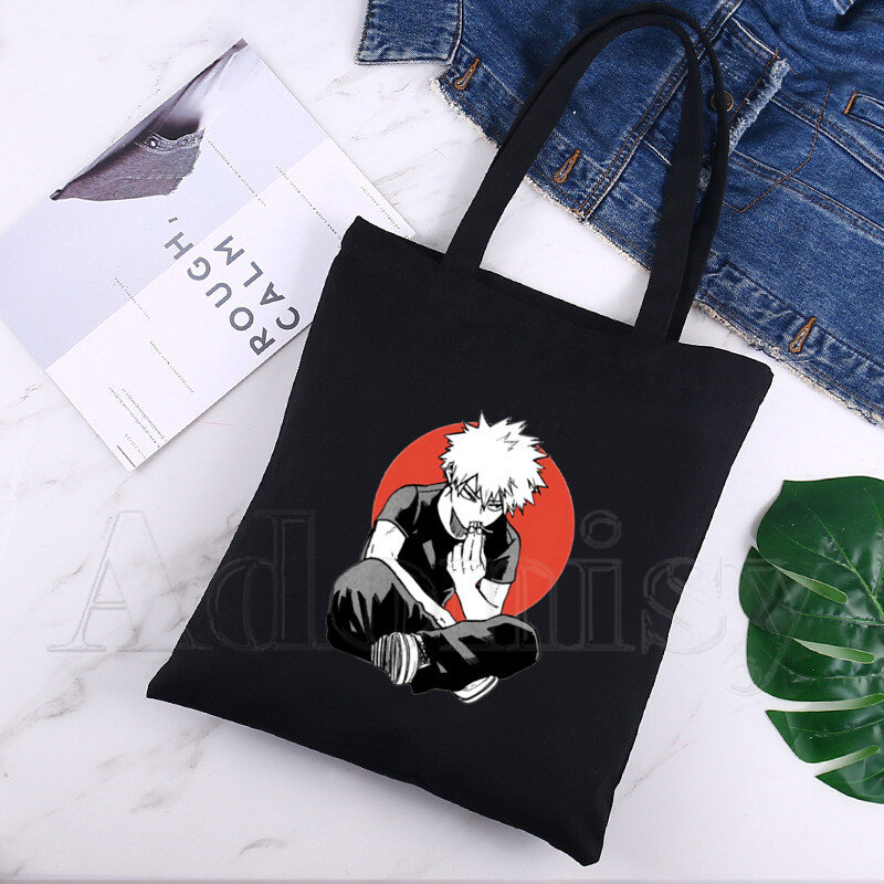 Bakugou-Bolso de hombro de lona plegable para mujer, bolsa de compras ecológica, bolso de mano informal, de uso diario, color negro