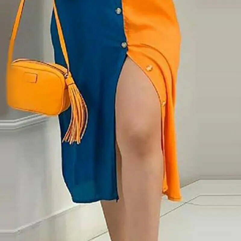 Vestido de verão feminino sexy casual, manga longa, gola virada para baixo, roupa diária, camisa design de botão colorido com bolso, 2021