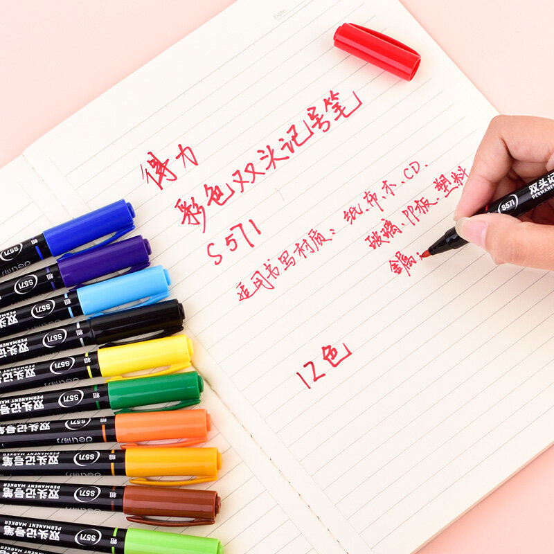 S357 12 لون مزدوج الرأس قلم ملون مجموعة الجملة غير يتلاشى مقاوم للماء للأطفال رسم قلم جاف للرسم العمل