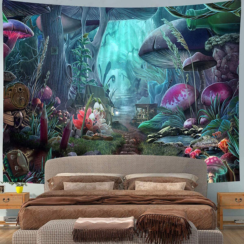 Tapeçaria de parede para o quarto decoração de casa floresta psicodélica trippy abstrato cogumelo jardim tapeçaria