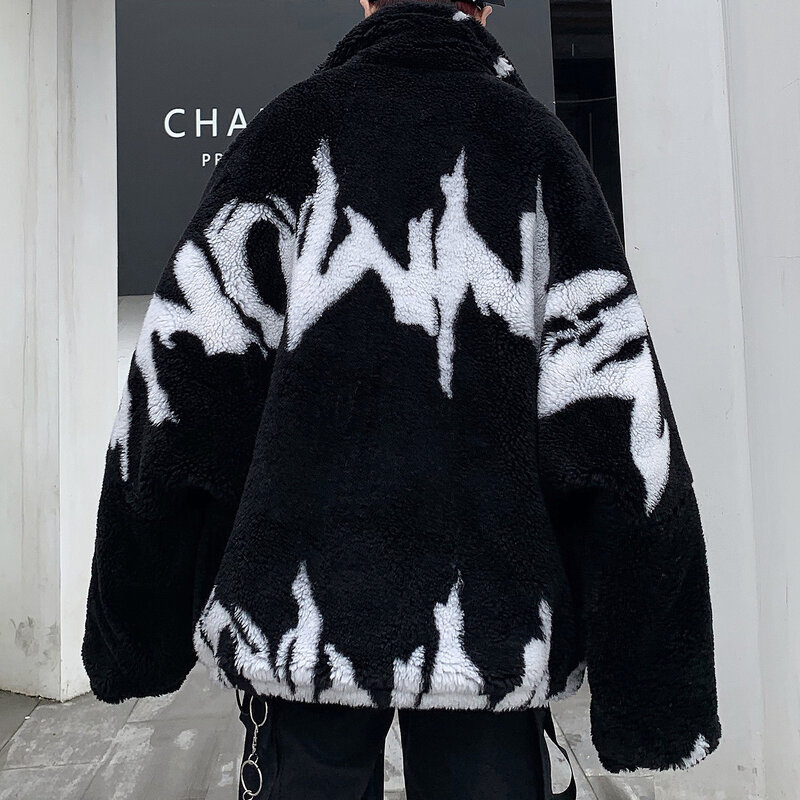 Abrigo de lana de cordero para hombre, chaqueta cálida con letras personalizadas, grafiti, cuello levantado, color negro