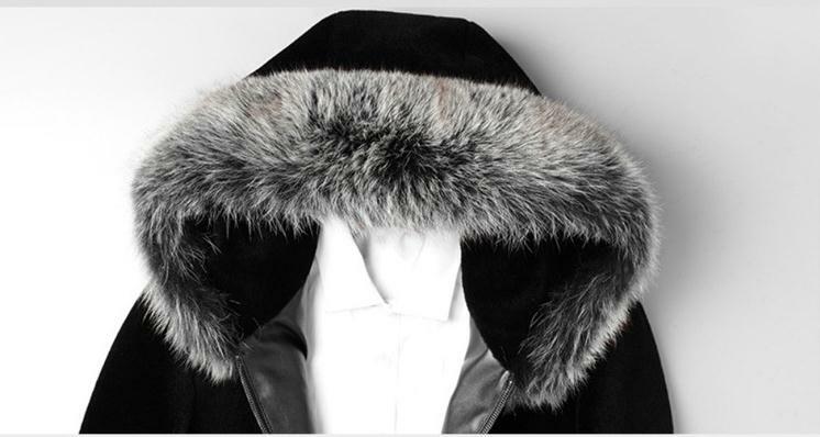 Jaquetas de pele com capuz masculinas, casacos casuais de pele de raposa falsa com gola preta para outono e inverno, roupas quentes k1210