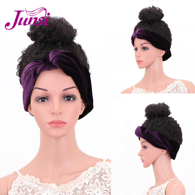 JUNSI-turbante de alta Puff con cordón, coleta sintética, corto, Afro, rizado, envoltura para la cabeza, 2 en 1, peluca con diadema