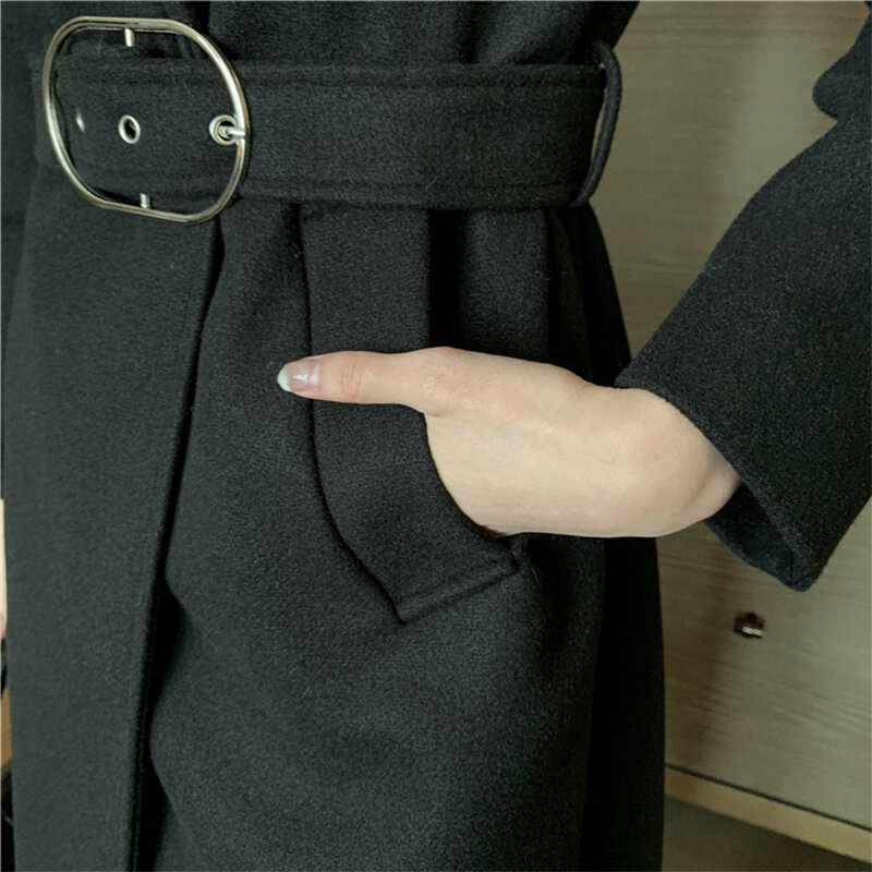 Casaco de lã preto longo outono/inverno das mulheres 2021 novo temperamento hepburn estilo fino grosso casaco de lã