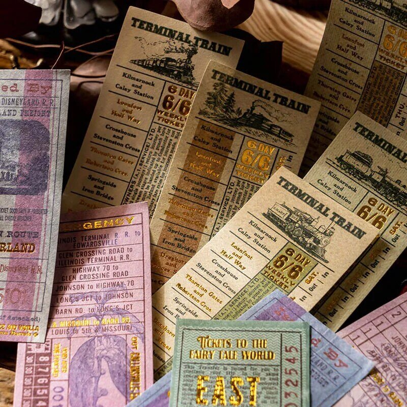 50แผ่น/Vintage Bronzing Ticket Collector วัสดุกระดาษขยะสมุดบันทึก Scrapbooking ตกแต่งพื้นหลังกระดาษ