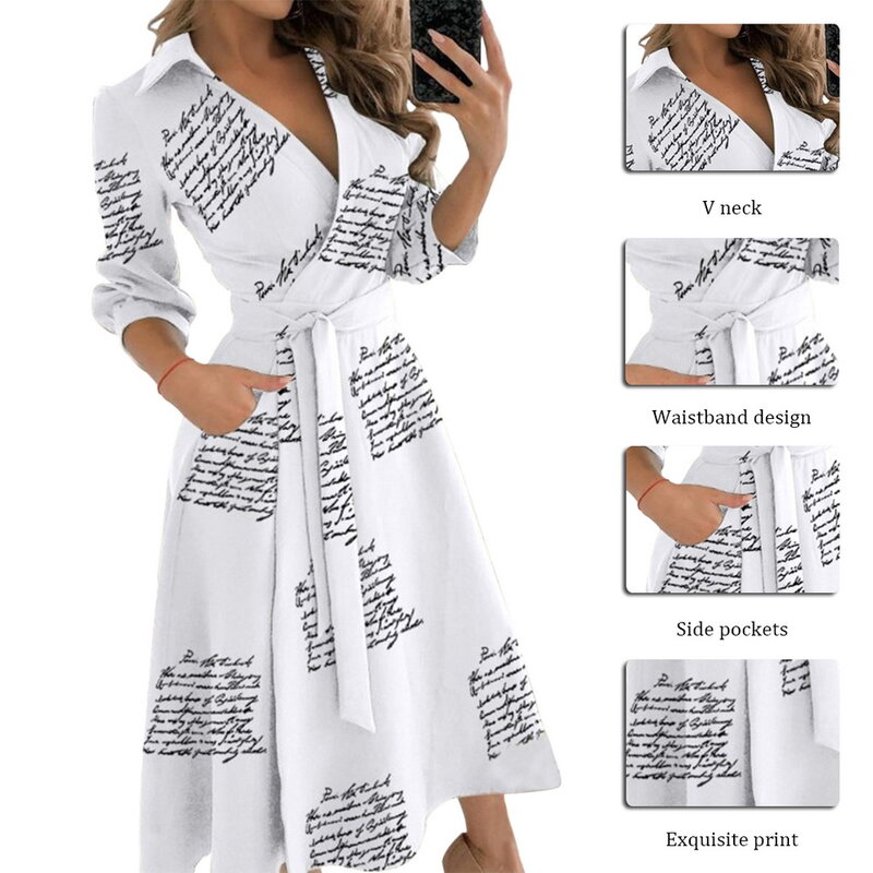 2021 mulheres elegante com decote em v vestido de verão carta imprimir camisa longa vestido casual de manga curta senhora vestido de festa