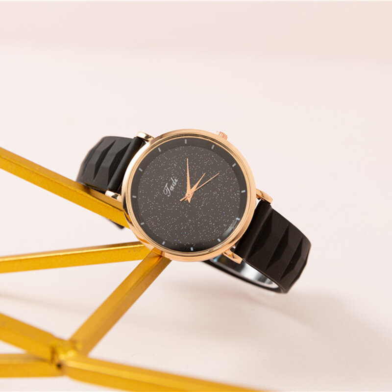 Relojes de cuarzo con diseño de esfera de cielo estrellado Simple para mujer, reloj de pulsera con correa de silicona negra minimalista, reloj creativo de moda para mujer