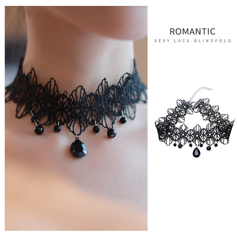 Handmade Velvet Lace Vintage Necklace Women's Collar Torque Neck Jewelry Black Bohemian Elastic Yin Yang Charm Goth Punk