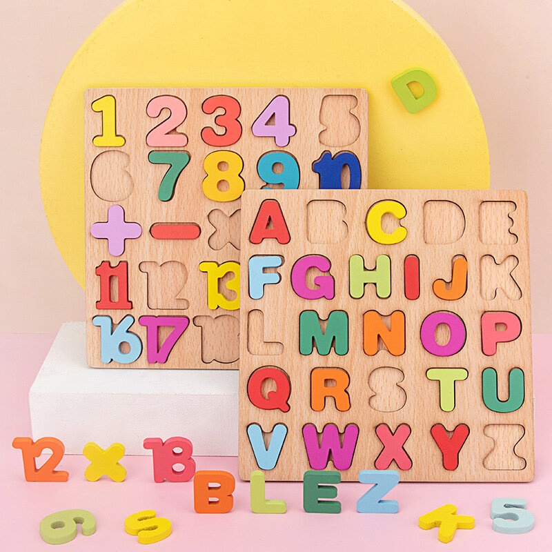 Tablero de madera con letras y números para niños, tablero cognitivo con letras del alfabeto inglés, juguetes educativos para educación temprana