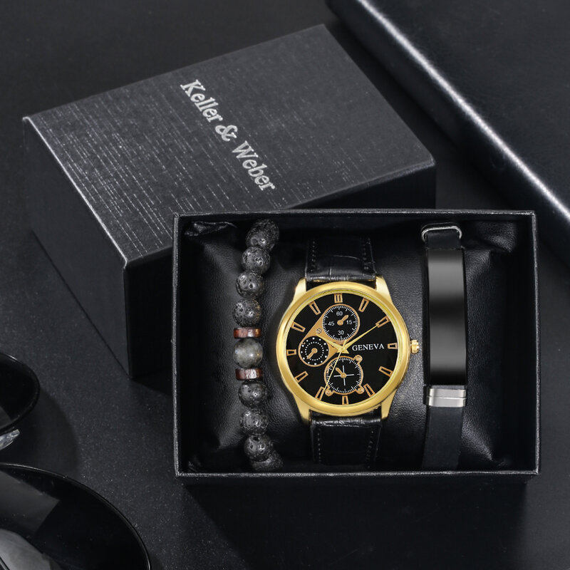 Conjunto de relojes de pulsera para Hombre, Reloj deportivo de pulsera de cuero, de cuarzo, informal, de negocios, con calendario, regalo