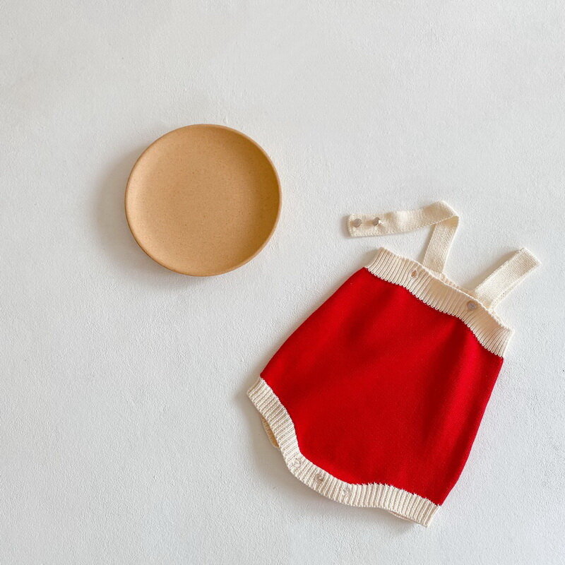 Set 2 Potong Bayi Perempuan Musim Semi Baru 2021 Bodysuit Merah Selempang Wol Tambal Sulam + Jaket Sweter Lengan Panjang Pakaian Luar Mode Bayi Baru Lahir E6032