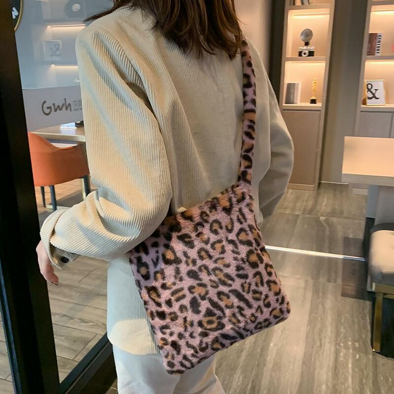 Плюшевая Наплечная Сумка с леопардовым принтом, Женская осенне-зимняя модная винтажная сумка, женская сумка-мессенджер большой емкости