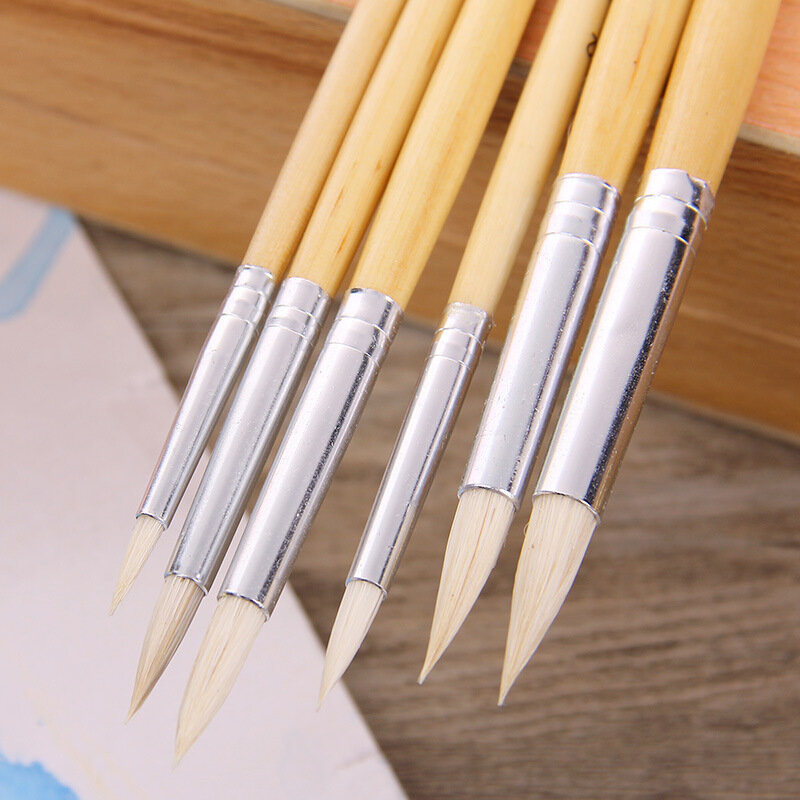 6pcs Wool Sheep Gouache Paint Brush Set Wooden Handle Painted Hook Line Brush Pen For Acrylic Painting Watercolor Art Supplies