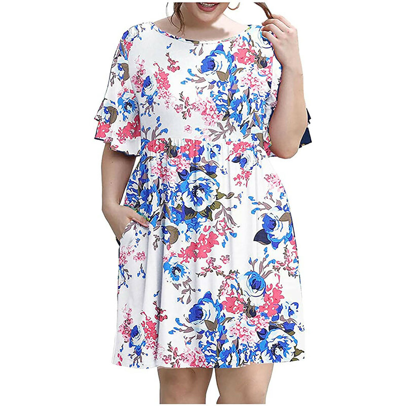 Vestido de verão feminino solto plissado manga impressão plus size casual swing vestido com bolsos novo tamanho grande casual vestido de verão
