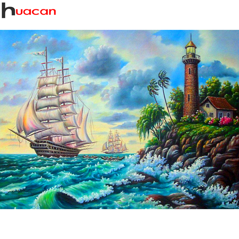 Huacan – peinture de diamant de paysage de bateau, broderie de diamants carrés ou ronds, paysage de bord de mer, mosaïque, décor de salle