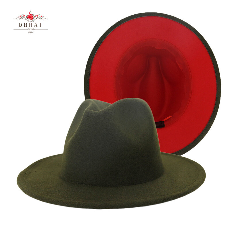 Chapéu tipo fedora qbchapéu, chapéu para homens e mulheres tipo fedora com fivela, verde e exército, para misturar lã vermelha