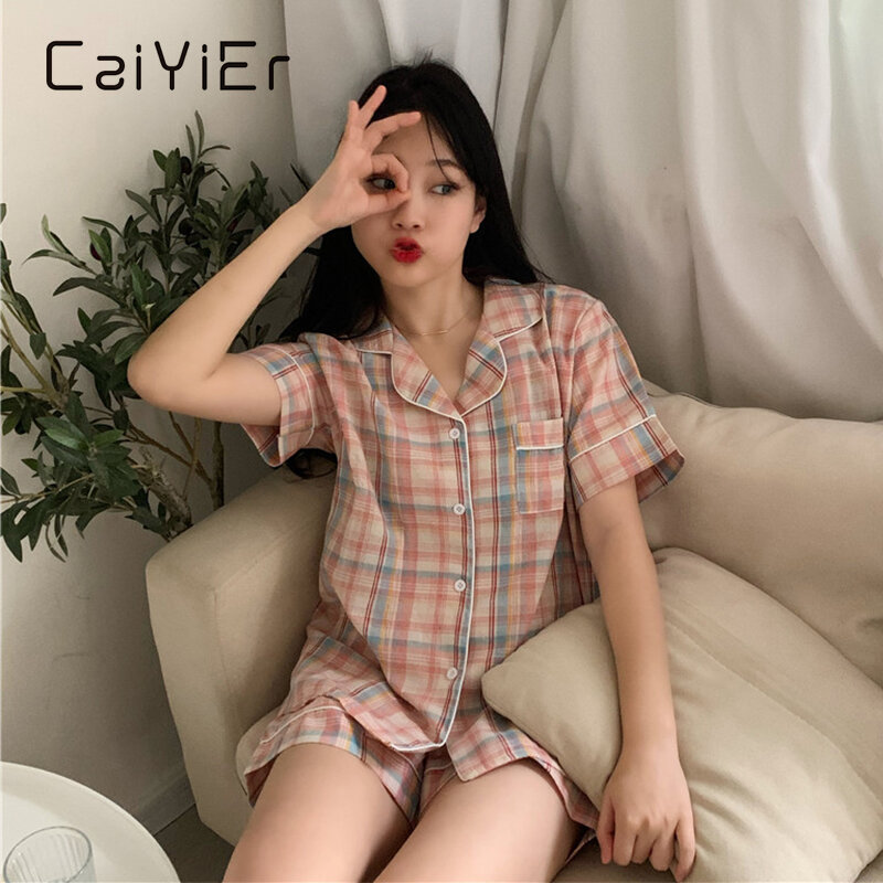 CAIYIER-Pijama con estampado de cuadrícula para mujer, ropa de dormir de manga corta, pantalones cortos de estilo coreano de ocio a la moda, traje de casa